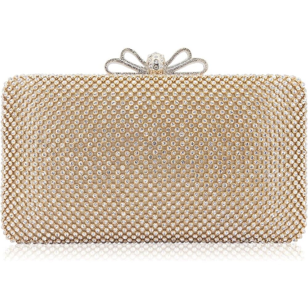 โก Women's Gold Rhinestone Crystal Bow Clasp Metal Chainโ Evening Clutch Handbag